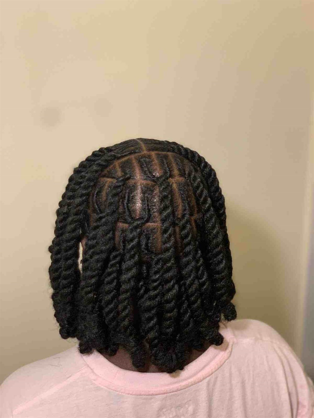 Shoulder-length black invisible locs with square parts, seen from behind